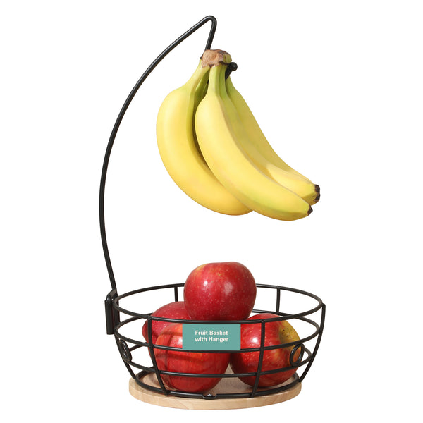 gibson home Gibson Home Harvest Season Fruit Basket Bowl with Banana Hanger – Black Metal Wire & Rubberwood Base – Countertop Produce Stand for Apples Bananas Oranges – Kitchen Storage Organizer