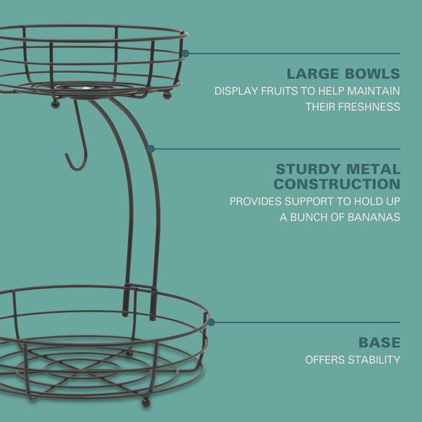 Gibson Home Gibson Home Harvest Season Two-Tier Fruit Basket With Banana Hanger – Black Metal Countertop Produce Stand – Kitchen Storage Organizer For Apples Oranges Bananas – Durable Iron Wire Frame