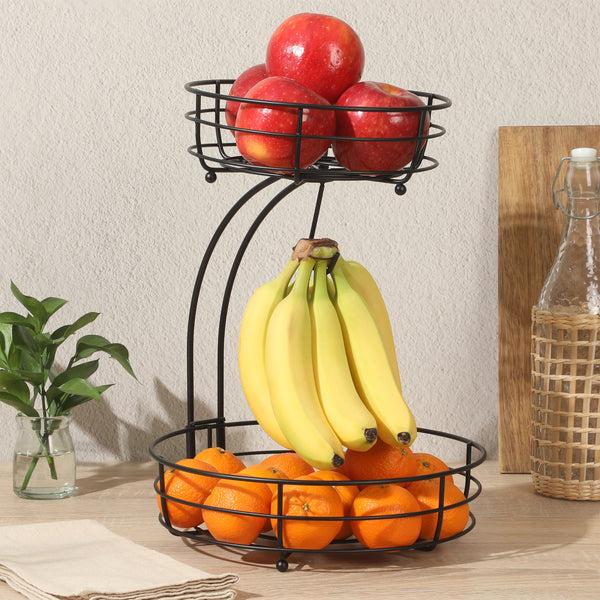 Gibson Home Gibson Home Harvest Season Two-Tier Fruit Basket With Banana Hanger – Black Metal Countertop Produce Stand – Kitchen Storage Organizer For Apples Oranges Bananas – Durable Iron Wire Frame