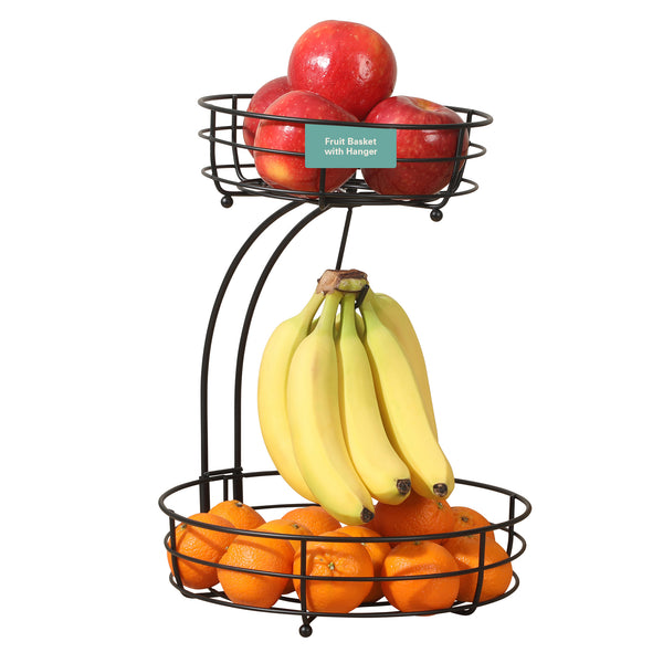 gibson home Gibson Home Harvest Season Two-Tier Fruit Basket with Banana Hanger – Black Metal Countertop Produce Stand – Kitchen Storage Organizer for Apples Oranges Bananas – Durable Iron Wire Frame