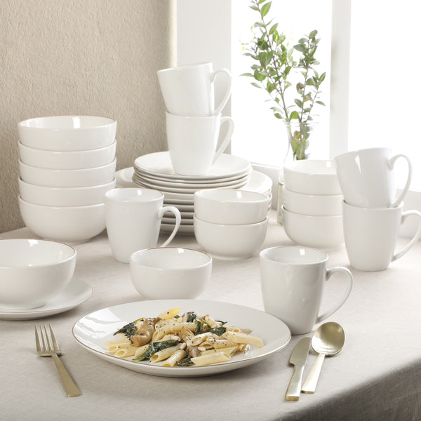 Gibson Home Gibson Home Ogalla 30 Piece Plates Bowls & Mugs Dinnerware Set - Service For 6 - White Porcelain W/ Gold Band