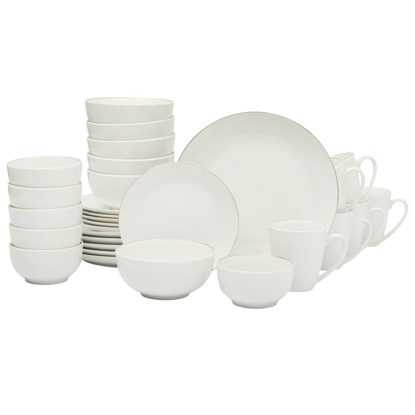 gibson home Gibson Home Ogalla 30 Piece Plates Bowls & Mugs Dinnerware Set - Service for 6 - White Porcelain W/ Gold Band