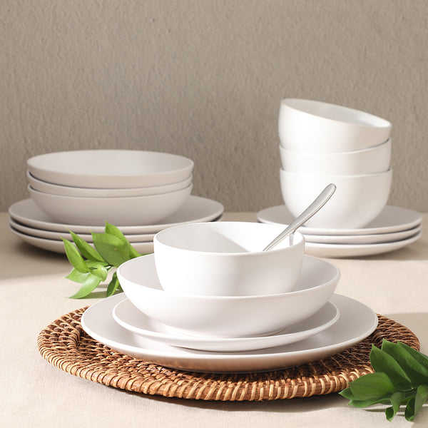 Gibson Home Gibson Home Queenslane 16 Piece Plates And Bowls Dishes Stoneware Ceramic Dinnerware Sets - Matte White