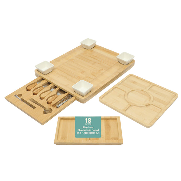 Gibson Home Gibson Home Rustic Inspirations 18-Piece Bamboo Charcuterie Board Set For Serving – Large Cheese & Fruit Tray With Hidden Drawer Ceramic Bowls Utensils – Gift For Entertaining Housewarming Holidays