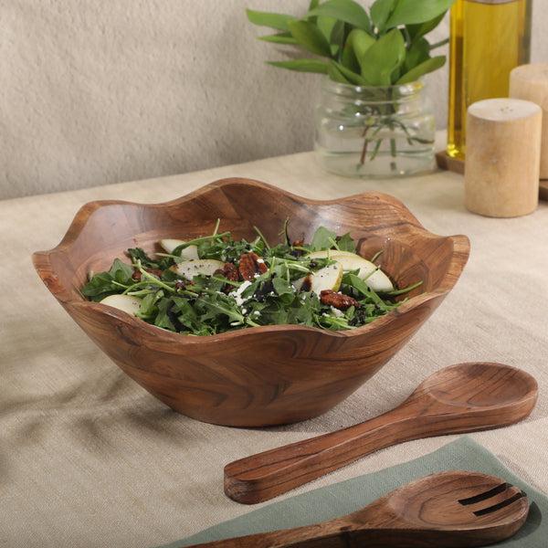 Gibson Home Gibson Home Sandhurst 3-Piece Acacia Wood Salad Bowl Set – 12-Inch Scalloped Serving Bowl With Wooden Salad Servers – Natural Rustic Finish For Dining Entertaining Or Gifting