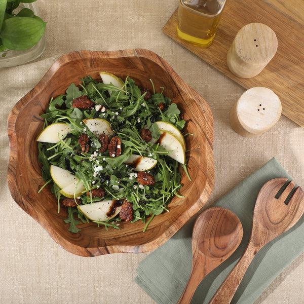 Gibson Home Gibson Home Sandhurst 3-Piece Acacia Wood Salad Bowl Set – 12-Inch Scalloped Serving Bowl With Wooden Salad Servers – Natural Rustic Finish For Dining Entertaining Or Gifting