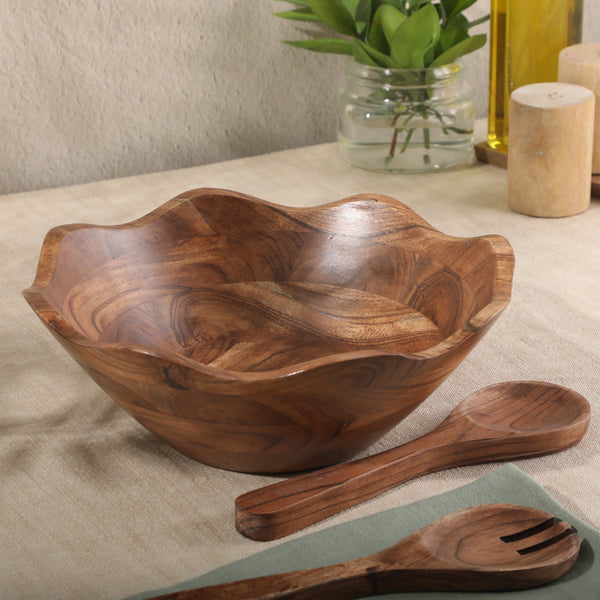 Gibson Home Gibson Home Sandhurst 3-Piece Acacia Wood Salad Bowl Set – 12-Inch Scalloped Serving Bowl With Wooden Salad Servers – Natural Rustic Finish For Dining Entertaining Or Gifting