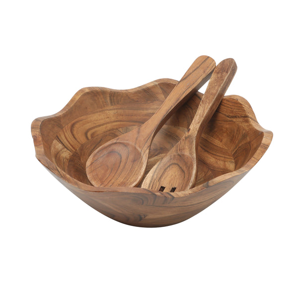 gibson home Gibson Home Sandhurst 3-Piece Acacia Wood Salad Bowl Set – 12-Inch Scalloped Serving Bowl with Wooden Salad Servers – Natural Rustic Finish for Dining Entertaining or Gifting