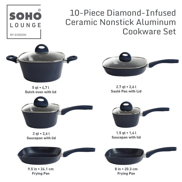 Gibson Home Gibson Soho Lounge 10-Piece Aluminum SquareDiamond-Infused Ceramic Non-Stick Induction Cookware Set