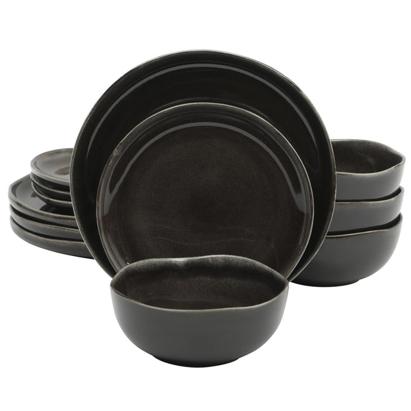 gibson home Gibson Soho Lounge Nardini 12 Piece (Service for 4) Plates and Bowls Reactive Glaze Dishes Stoneware Ceramic Dinnerware Set - Black and Blue