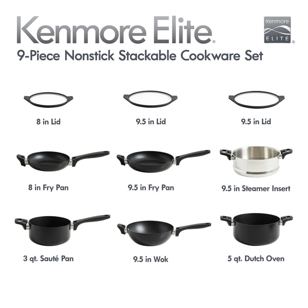 Gibson Home Kenmore Elite Grayson 9-Piece Black Aluminum Stackable Cookware Set