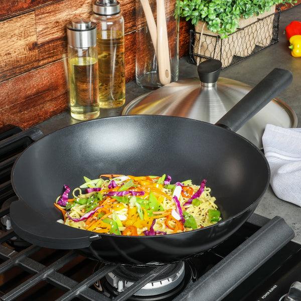 Gibson Home Kenmore Eugene 13-Inch Cast Aluminum Wok W/ Lid - Matte Black
