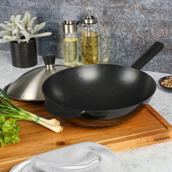 Gibson Home Kenmore Eugene 13-Inch Cast Aluminum Wok W/ Lid - Matte Black
