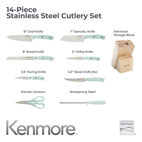 Gibson Home Kenmore Kane 14-Piece Cutlery Set W/ Rubber Coated Wood Knife Block