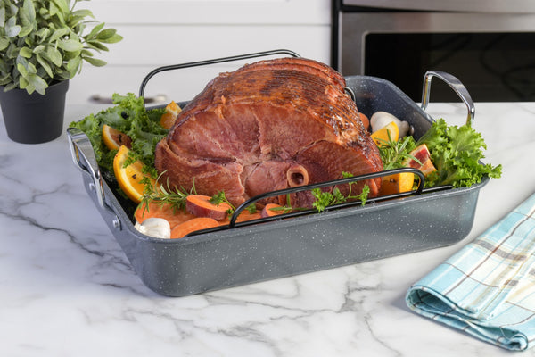 Gibson Home Kenmore Keaton Grey Speckle 16.5" X 12.5" X 3.2" Carbon Steel Roaster W/ Rack