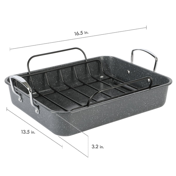 Gibson Home Kenmore Keaton Grey Speckle 16.5" X 12.5" X 3.2" Carbon Steel Roaster W/ Rack