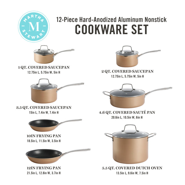 Gibson Home Martha Stewart 12-Piece Heavy Gauge Aluminum Hard Anodized Premium Nonstick Induction Safe Cookware Set