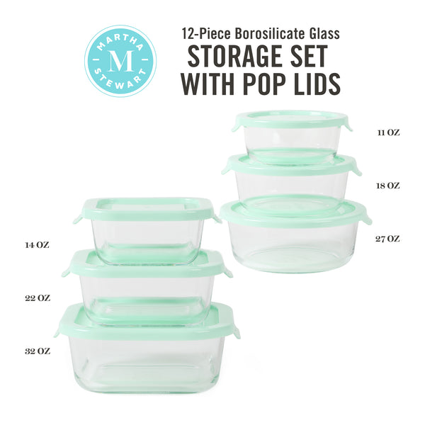 Gibson Home Martha Stewart 12-Piece Storage Borosilicate Glass Container Set W/ Snap Martha Blue Lids