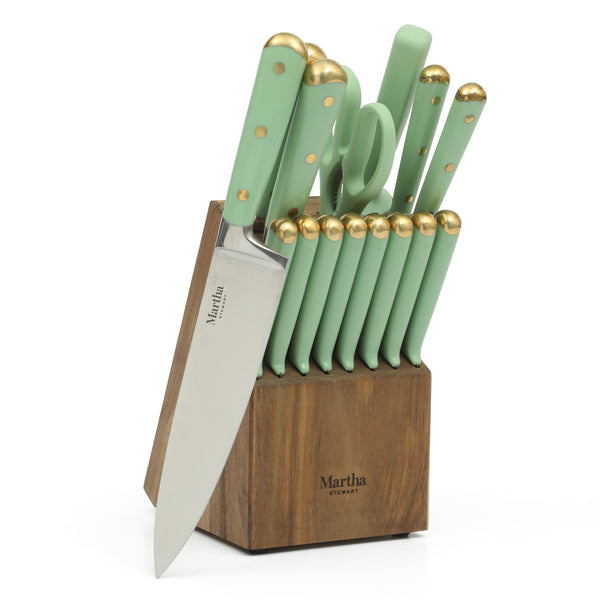 gibson home Martha Stewart 16 Piece Lockton High Carbob Stainless Steel Cutlery Kitchen Knife Block Set W/ ABS Tripe Riveted Forged Handle Acacia Wood Block