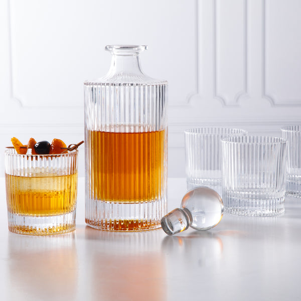 Gibson Home Martha Stewart Bayville Decanter Plus 4 Whiskey 10 OZ DOF Embossed Glassware Set