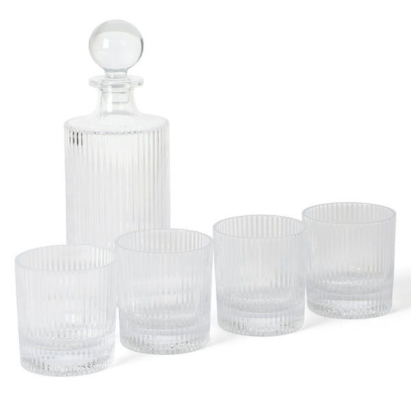 gibson home Martha Stewart Bayville Decanter Plus 4 Whiskey 10 OZ DOF Embossed Glassware Set