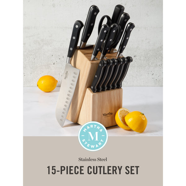 Gibson Home Martha Stewart Carverton 14 Piece High Carbon Stainless Steel Cutlery Kitchen Knife Block Set W/ABS Triple Riveted Forged Handle Wood Block - Black