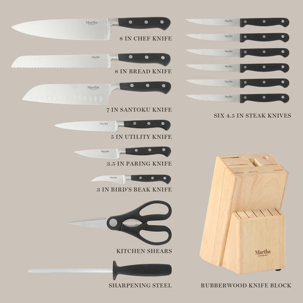 Gibson Home Martha Stewart Carverton 14 Piece High Carbon Stainless Steel Cutlery Kitchen Knife Block Set W/ABS Triple Riveted Forged Handle Wood Block - Black