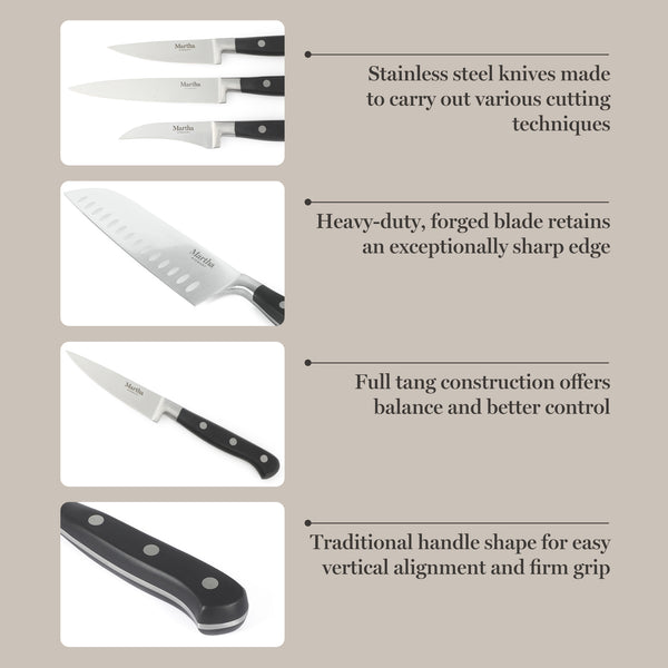 Gibson Home Martha Stewart Carverton 14 Piece High Carbon Stainless Steel Cutlery Kitchen Knife Block Set W/ABS Triple Riveted Forged Handle Wood Block - Black