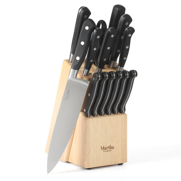 gibson home Martha Stewart Carverton 14 Piece High Carbon Stainless Steel Cutlery Kitchen Knife Block Set w/ABS Triple Riveted Forged Handle Wood Block - Black