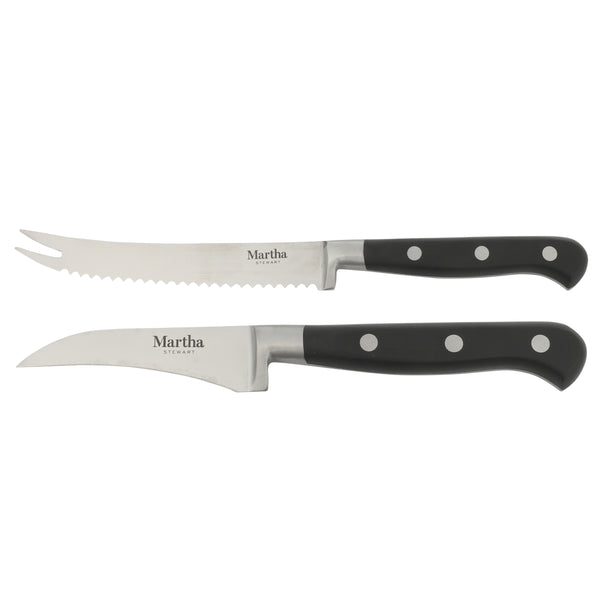 gibson home Martha Stewart Carverton 2 Piece Set 5" Tomato Knife and 3" Bird's Beak Knife Set Bread Carbon Stainless Steel Kitchen Knive W/ Black Triple Rivet Handle