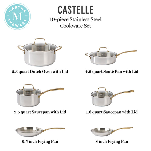 Gibson Home Martha Stewart Castelle 10 Piece Stainless Steel Induction Safe Pots And Pans Non-Toxic Kitchen Cookware Set