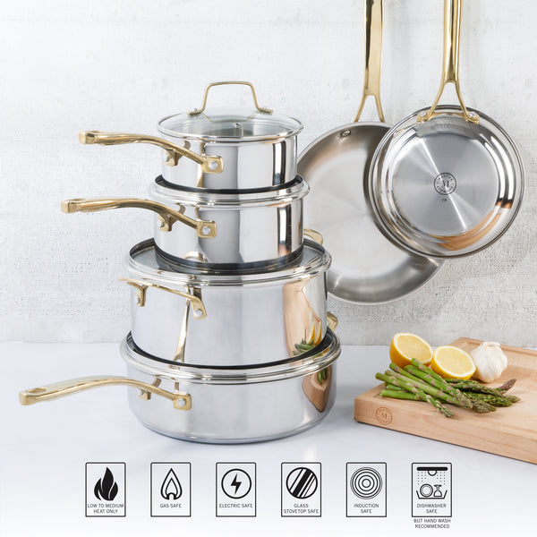 Gibson Home Martha Stewart Castelle 10 Piece Stainless Steel Induction Safe Pots And Pans Non-Toxic Kitchen Cookware Set