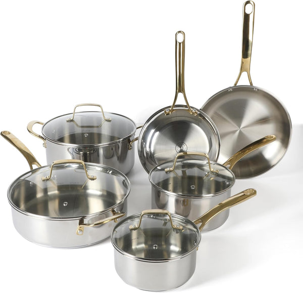 gibson home Martha Stewart Castelle 10 Piece Stainless Steel Induction Safe Pots and Pans Non-Toxic Kitchen Cookware Set
