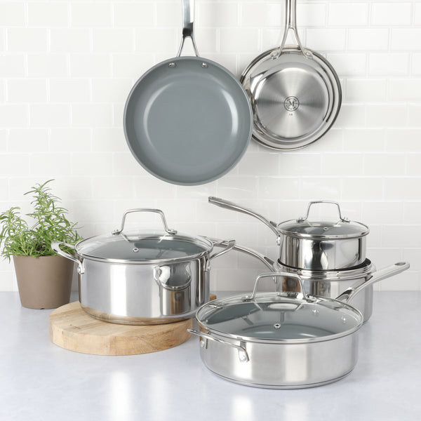 Gibson Home Martha Stewart Delaroux 10-Piece Stainless Steel Cookware Set W/ Ceramic Non-Stick Interior