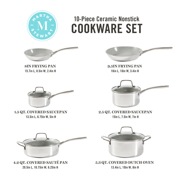 Gibson Home Martha Stewart Delaroux 10-Piece Stainless Steel Cookware Set W/ Ceramic Non-Stick Interior