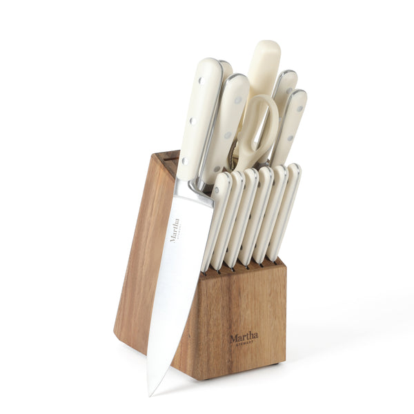 gibson home Martha Stewart Eastwalk 14-Piece Stainless Steel Cutlery Set w/ ABS Triple Riveted Forged Handle Acacia Wood Block