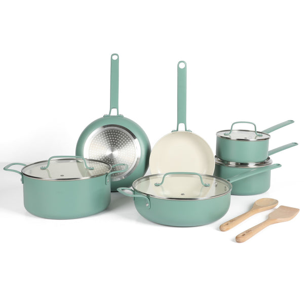 gibson home Martha Stewart Emmeline Premium Nonstick PFA Free Ceramic Interior 12 Piece Heavy Gauge Enamel Aluminum Pots and Pans Cookware Set