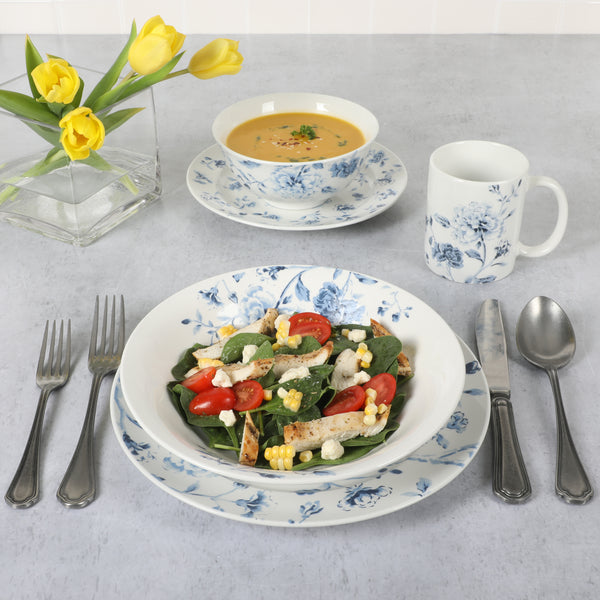 Gibson Home Martha Stewart Empress Bouquet 30-Piece Decorated Porcelain Dinnerware Plates And Bowls Set - Blue Floral