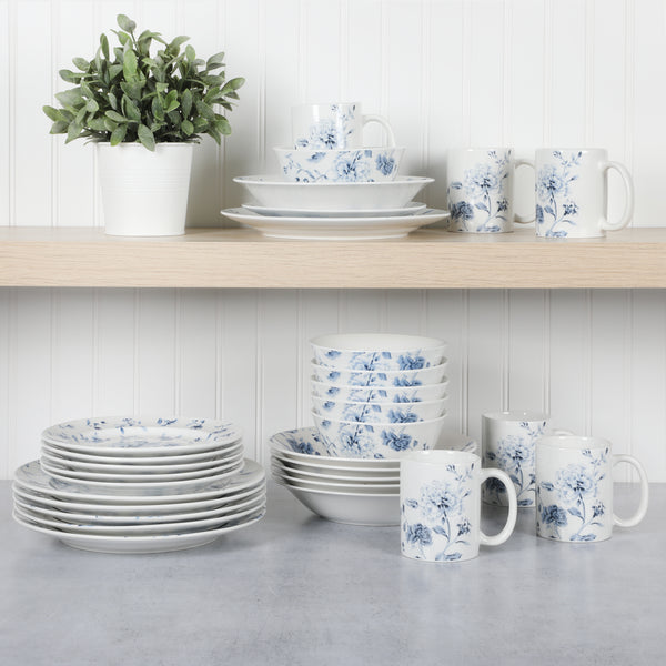 Gibson Home Martha Stewart Empress Bouquet 30-Piece Decorated Porcelain Dinnerware Plates And Bowls Set - Blue Floral