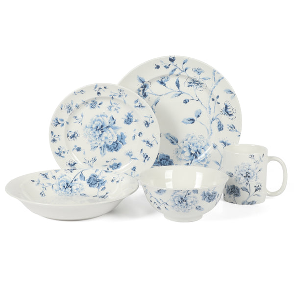 Gibson Home Martha Stewart Empress Bouquet 30-Piece Decorated Porcelain Dinnerware Plates And Bowls Set - Blue Floral