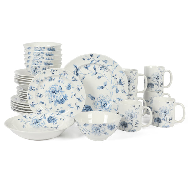 gibson home Martha Stewart Empress Bouquet 30-Piece Decorated Porcelain Dinnerware Plates and Bowls Set - Blue Floral
