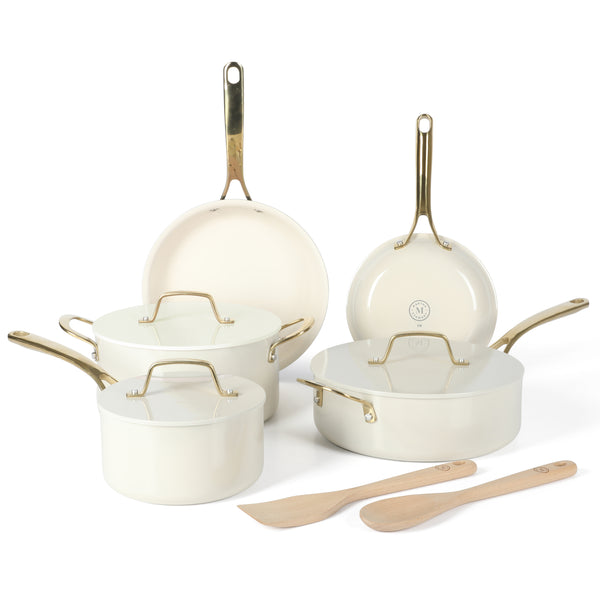 gibson home Martha Stewart Galway Premium Nonstick PFA Free Ceramic Interior 10 Piece Heavy Gauge Enamel Aluminum Pots and Pans Cookware Set w/ Aluminum Lids