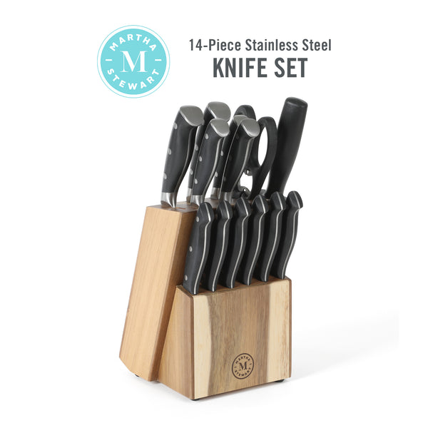 Gibson Home Martha Stewart Greeley 14-Piece Triple-Riveted Cutlery Knife Acacia Wood Block Set W/ Comfort Grip Handles