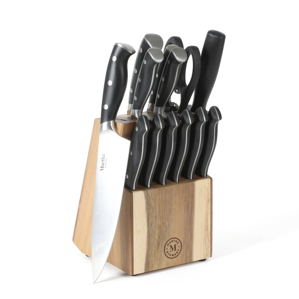gibson home Martha Stewart Greeley 14-Piece Triple-Riveted Cutlery Knife Acacia Wood Block Set w/ Comfort Grip Handles