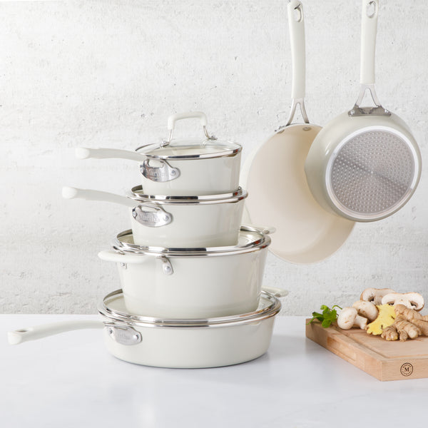 Gibson Home Martha Stewart Heathland Premium Nonstick PFA Free Ceramic Interior 10-Piece Tapered Aluminum Cookware Set - Linen White