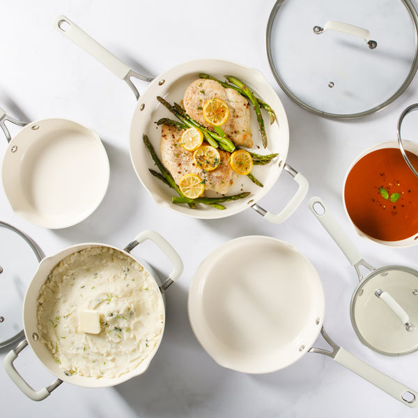Gibson Home Martha Stewart Heathland Premium Nonstick PFA Free Ceramic Interior 10-Piece Tapered Aluminum Cookware Set - Linen White