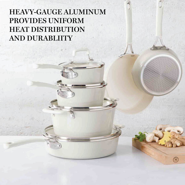 Gibson Home Martha Stewart Heathland Premium Nonstick PFA Free Ceramic Interior 10-Piece Tapered Aluminum Cookware Set - Linen White