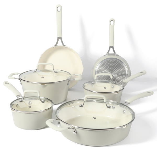gibson home Martha Stewart Heathland Premium Nonstick PFA Free Ceramic Interior 10-Piece Tapered Aluminum Cookware Set - Linen White