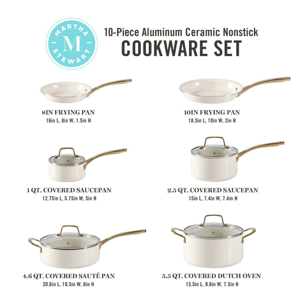 Gibson Home Martha Stewart Lockton 10-Piece Heavy Gauge Aluminum Cookware Set W/ Ceramic Non-Stick Interior