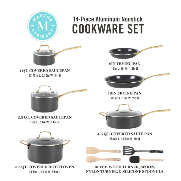 Gibson Home Martha Stewart Lockton 14-Piece Heavy-Gauge Premium Non-Stick Aluminum Cookware Combo Set (Pots Pans And Tools)